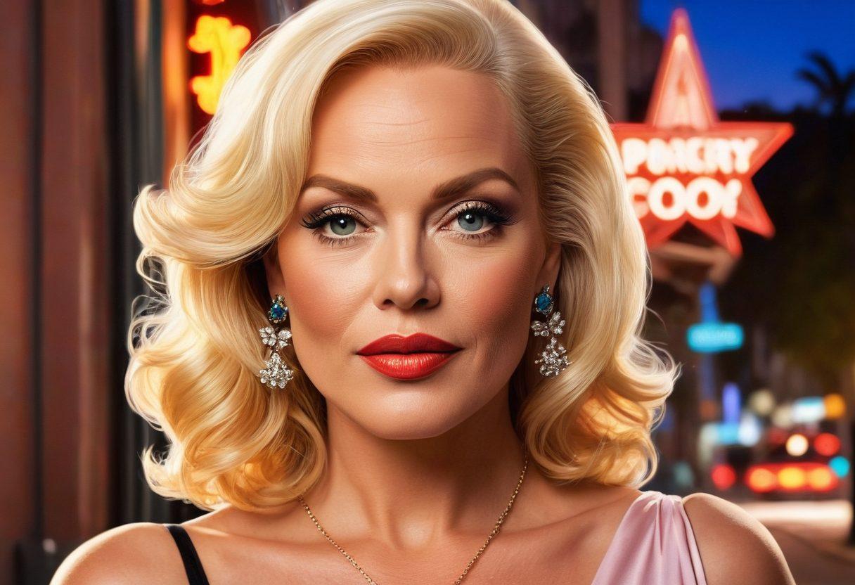 A stunning portrait of Sylvia Saint, capturing her transition from a glamorous adult film star to a respected cultural icon. The background features a blend of Hollywood imagery and symbols of legacy, such as a star on the Walk of Fame. Incorporate elements of elegance and resilience, showcasing her grace and strength. Use warm lighting to evoke nostalgia and admiration. super-realistic. vibrant colors. vintage style.