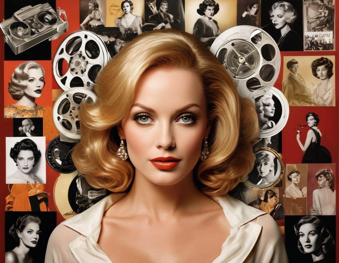 A visually striking collage featuring a glamorous portrait of Sylvia Saint with dramatic lighting, surrounded by elements representing her career, such as film reels and awards, overlaid with iconic imagery from the adult film industry. The background should include a vintage-inspired Hollywood backdrop, blending both nostalgia and modernity. The color palette should be rich and warm, evoking a sense of allure and sophistication. elegant portrait. vintage Hollywood style. vibrant colors.