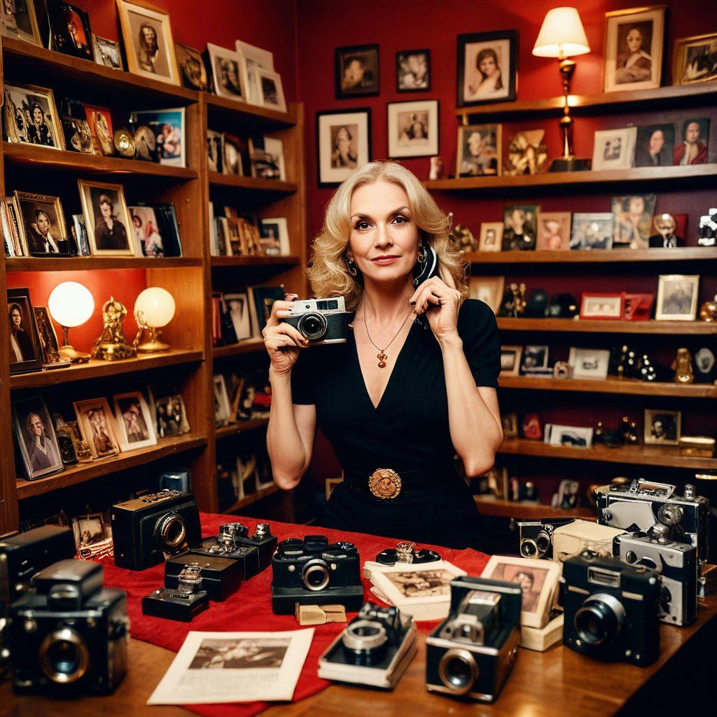 A dramatic and intimate portrait of Sylvia Saint in her creative space, surrounded by memorabilia from her career in adult entertainment. Include a film camera, red carpet, and awards, illuminated by soft golden lights. Capture a sense of nostalgia and empowerment in her expression, showcasing her influence on the industry. super-realistic. warm tones. soft focus.